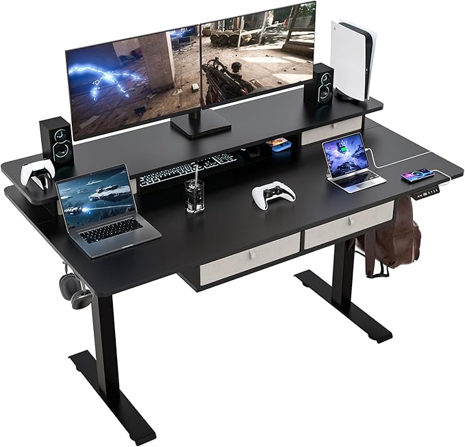 Electric Standing Widened Desk 63 * 30 Inches Adjustable Height with 4 Drawers, Double Storage Shelves Stand Up Desk, Home Office Workstation Sit Stand up Desk (Classical Black)
